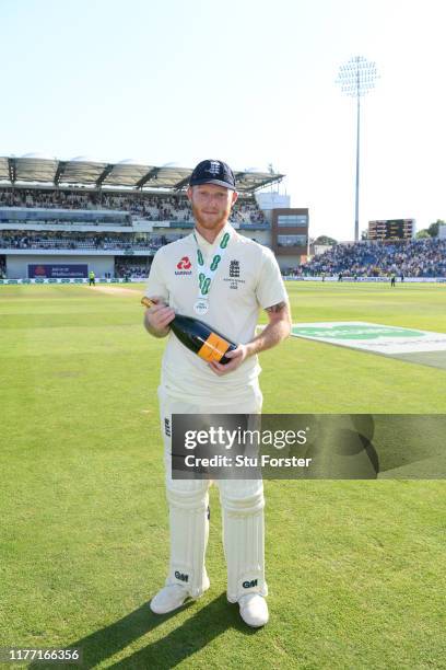 England batsman Ben Stokes pictured holding his man of the match champagne after hitting an unbeaten 135 to win the match for England by 1 wicket...