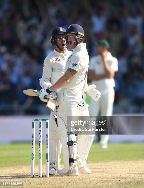 England batsman Ben Stokes and Jack Leach celebrate victory in the test match by 1 wicket after Stokes had hit the winning runs during day four of...