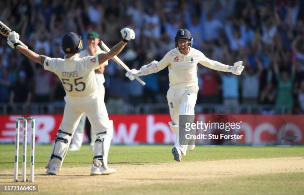 England batsman Ben Stokes and Jack Leach celebrate victory in the test match by 1 wicket after Stokes had hit the winning runs during day four of...