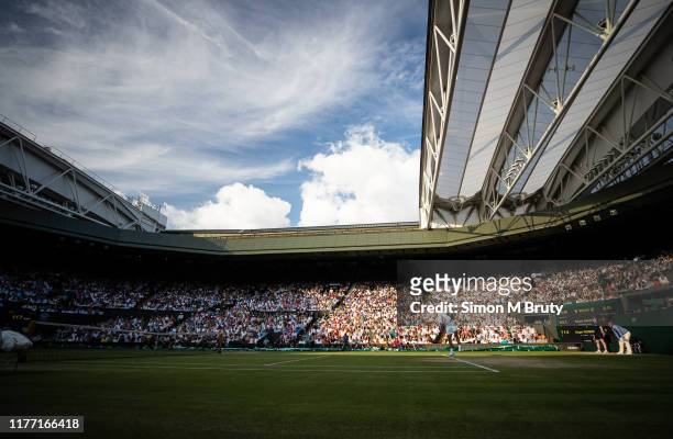 Rafael Nadal of Spain in action during the Men's Singles Semi Final against Roger Federer of Switzerland at The Wimbledon Lawn Tennis Championship at...