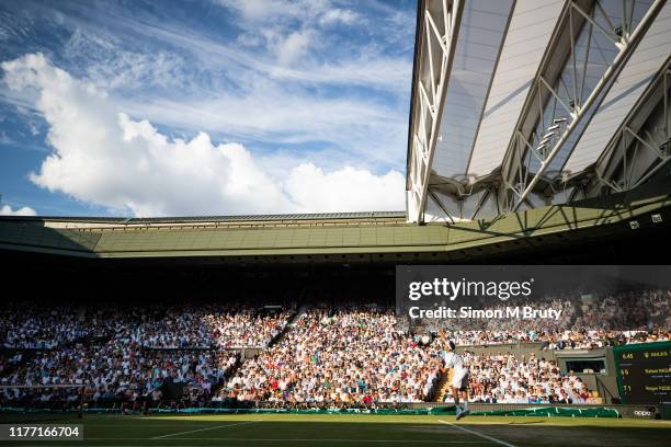 Roger Federer of Switzerland in action during the Men's Singles Semi Final against Rafael Nadal of Spain at The Wimbledon Lawn Tennis Championship at...