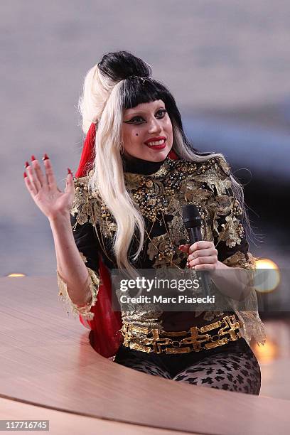 Lady Gaga attends the 'Le Grand Journal' tv show at Martinez Beach Pier on May 11, 2011 in Cannes, France.