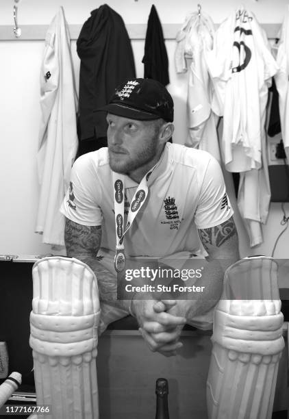 England batsman Ben Stokes takes a moment to reflect in the dressing room after his match winning 135 not out after day four of the 3rd Ashes Test...