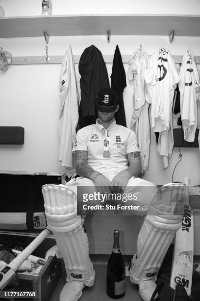 England batsman Ben Stokes takes a moment to reflect in the dressing room after his match winning 135 not out after day four of the 3rd Ashes Test...