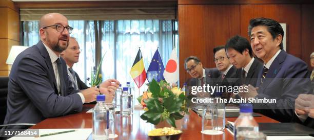 Belgium Prime Minister Charles Michel and Japanese Prime Minister Shinzo Abe hold talks on September 25, 2019 in New York City.