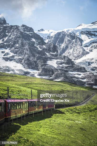 red train (jungfrau railway) running towards jungfrau mountain, swiss bernese alps, switzerland - mönch stock pictures, royalty-free photos & images