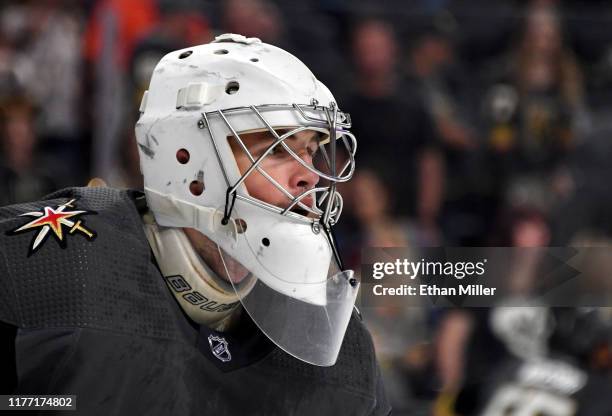 Dylan Ferguson of the Vegas Golden Knights warms up before a preseason game against the Colorado Avalanche at T-Mobile Arena on September 25, 2019 in...