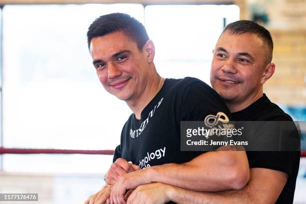 Kostya Tszyu with son Tim Tszyu pose for a portrait during a media opportunity at Tszyu Boxing Academy on September 26, 2019 in Sydney, Australia.