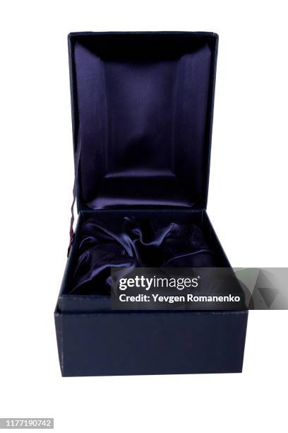 open blue jewelry box on white background - opening small box stock pictures, royalty-free photos & images