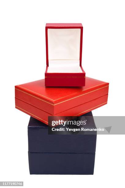 set of beautiful jewelry boxes isolated on white background - portagioie foto e immagini stock