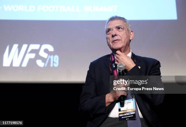 The former president of the Royal Spanish Football Federation , Ángel María Villar, is seen delivering his speech during the fourth edition of the...