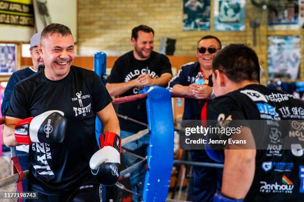 Tim Tszyu spars with his father Kostya Tszyu during a media opportunity at Tszyu Boxing Academy on September 26, 2019 in Sydney, Australia.