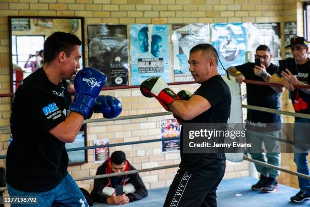 Tim Tszyu spars with his father Kostya Tszyu during a media opportunity at Tszyu Boxing Academy on September 26, 2019 in Sydney, Australia.