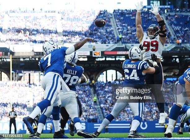 Watt of the Houston Texans bats down a pass from Jacoby Brissett of the Indianapolis Colts during the first quarter of the game between the...