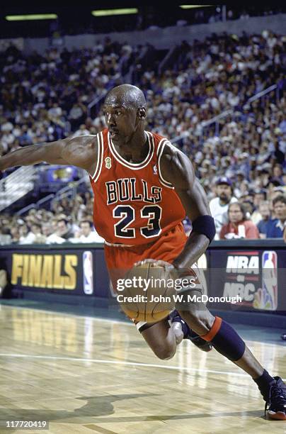 Finals: Chicago Bulls Michael Jordan in action vs Seattle SuperSonics at KeyArena. Game 3. Seattle, WA 6/9/1996 CREDIT: John W. McDonough