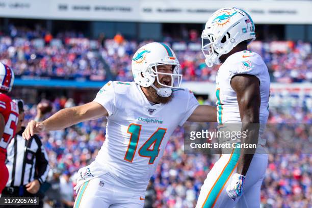 Ryan Fitzpatrick congratulates teammate DeVante Parker of the Miami Dolphins after the pair connected for a second quarter touchdown pass against the...