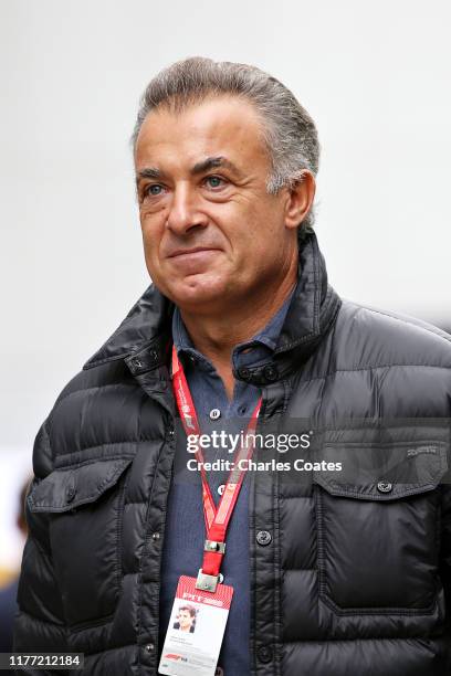 Former F1 driver Jean Alesi looks on in the Paddock during previews ahead of the F1 Grand Prix of Russia at Sochi Autodrom on September 26, 2019 in...