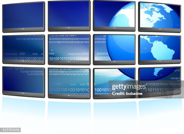 flat screen displays with globe background - video wall stock illustrations
