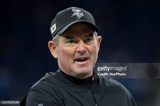 Minnesota Vikings head coach Mike Zimmer greets players during an NFL football game against the Detroit Lions in Detroit, Michigan USA, on Sunday,...