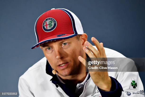 Kimi Raikkonen of Finland and Alfa Romeo Racing talks in the Drivers Press Conference during previews ahead of the F1 Grand Prix of Russia at Sochi...