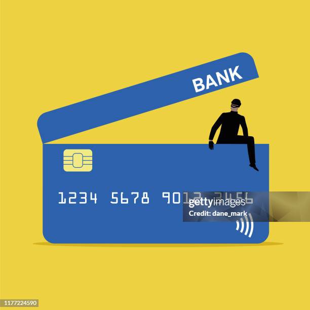 illustration of a thief climbing out of a credit card image - bank fraud stock illustrations