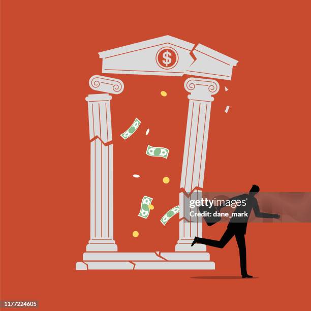 illustration of a customer running away as his bank collapses - failure stock illustrations