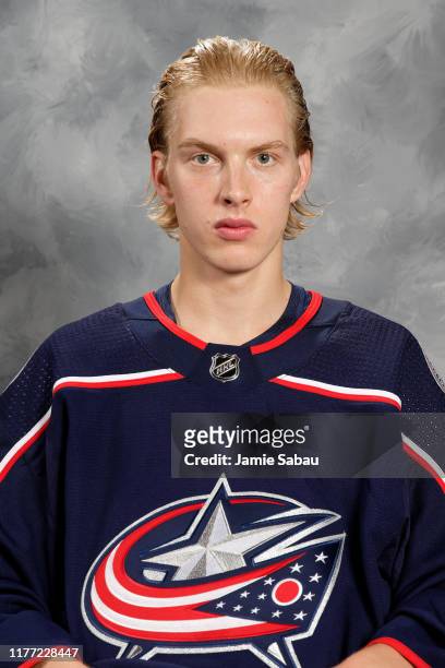 Matiss Kivlenieks of the Columbus Blue Jackets poses for his official headshot for the 2019-2020 season on September 12, 2019 at Nationwide Arena in...