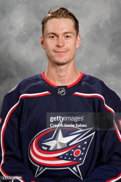 Paul Bittner of the Columbus Blue Jackets poses for his official headshot for the 2019-2020 season on September 12, 2019 at Nationwide Arena in...