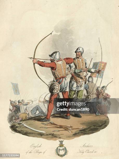 medieval english archers from reign of king edward iv - archer style stock illustrations