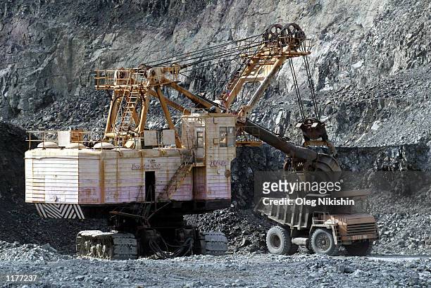 Excavators load ore in a dumpster July 17, 2002 in the Medvezhya mountains near Norilsk, Russia. In total, Norilsk produces over 90 percent of...