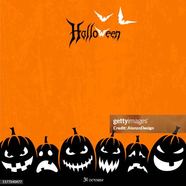 stockillustraties, clipart, cartoons en iconen met halloween ontwerp met pompoenen - grimacing