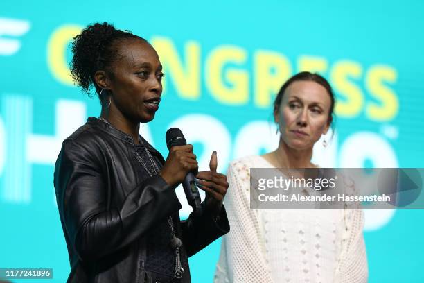 Tamsyn Lewis and Gail Devers speak at during the 52nd IAAF Congress at Sheraton Grand Doha Resort & Convention Hotel prior to the 17th IAAF World...