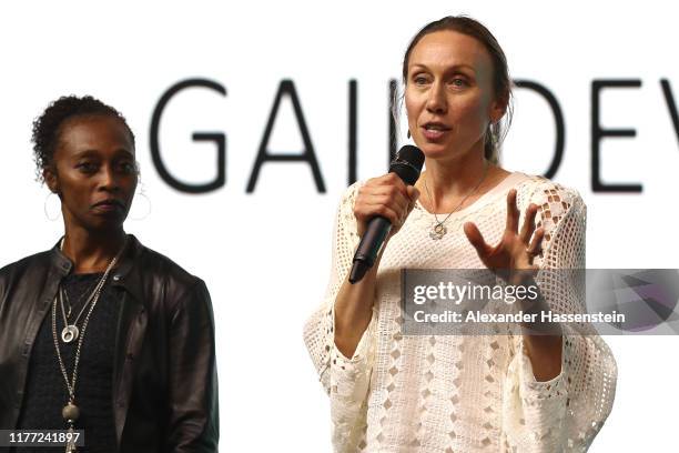 Tamsyn Lewis and Gail Devers speak at during the 52nd IAAF Congress at Sheraton Grand Doha Resort & Convention Hotel prior to the 17th IAAF World...