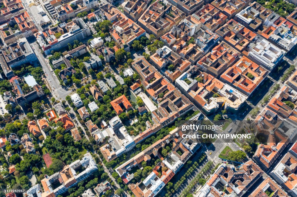 Flying over city area