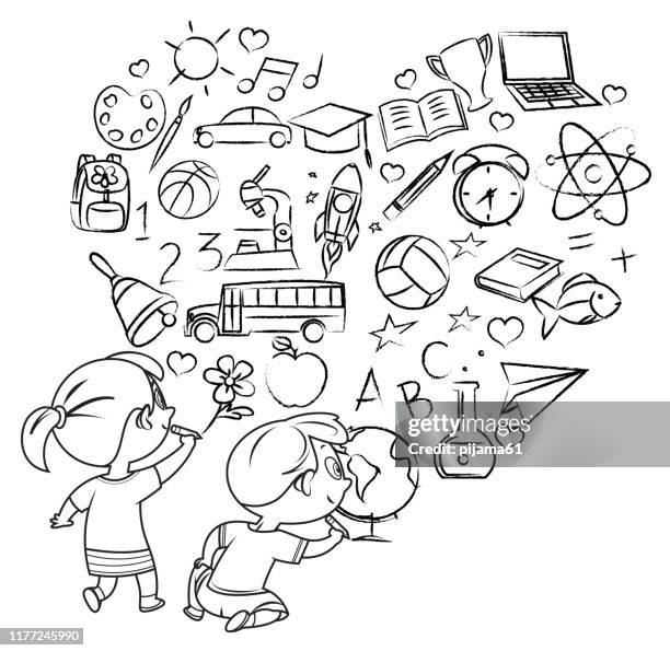 black and white children drawing on wall - back to school stock illustrations