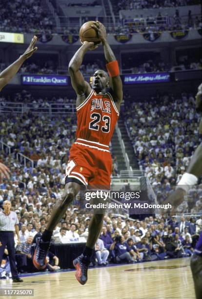 Finals: Chicago Bulls Michael Jordan in action, taking shot vs Utah Jazz at Delta Center. Game 4. Salt Lake City, UT 6/8/1997 CREDIT: John W....