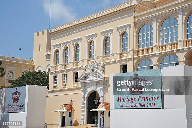 The Monaco Palace facade is seen during preparations ahead of the Royal Wedding on June 30, 2011 in Monaco, Monaco. The marriage of the head of state...