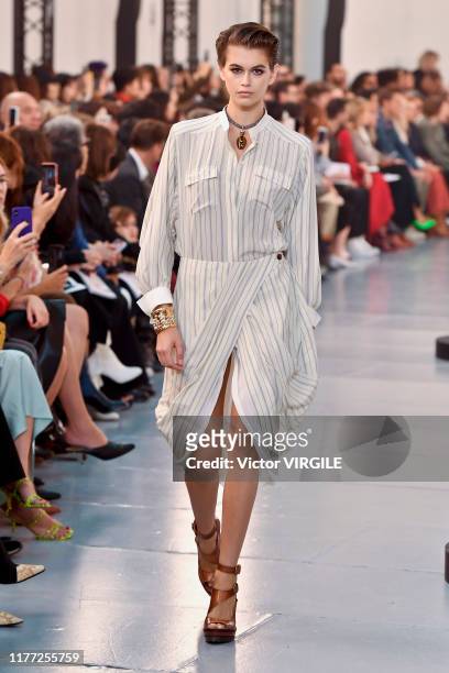 Kaia Gerber walks the runway during the Chloe Ready to Wear Spring/Summer 2020 fashion show as part of Paris Fashion Week on September 26, 2019 in...