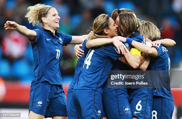 Gaetane Thiney of Francecelebrates with her team mates after scoring her team's second goal during the FIFA Women's World Cup 2011 Group A match...