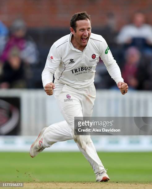 Roelof Van Der Merwe of Somerset celebrates the wicket of Ravi Bopara during Day Four of the Specsavers County Championship Division One match...