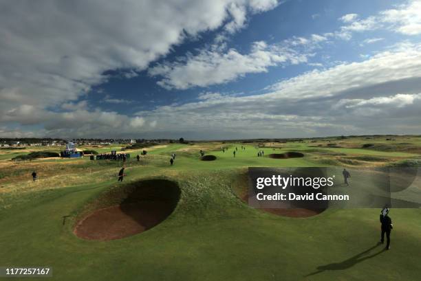 General view of the approach to the green with the Spectacle bunkers in the foreground of the par 5, 15th green during the first round of the Alfred...