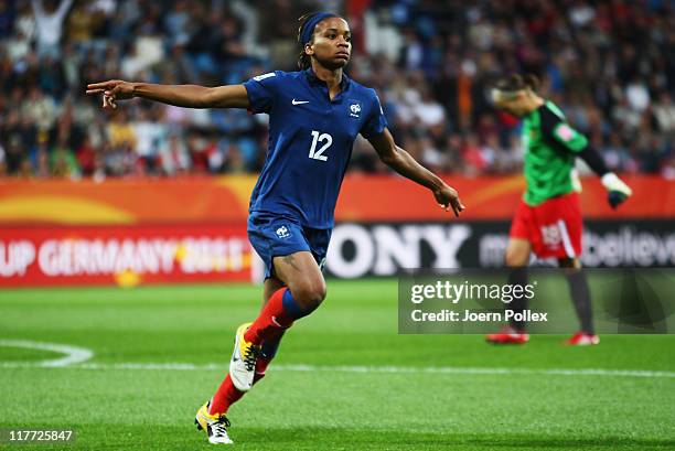 Elodie Thomis of France celebrates after scoring her team's fourth goal during the FIFA Women's World Cup 2011 Group A match between Canada and...