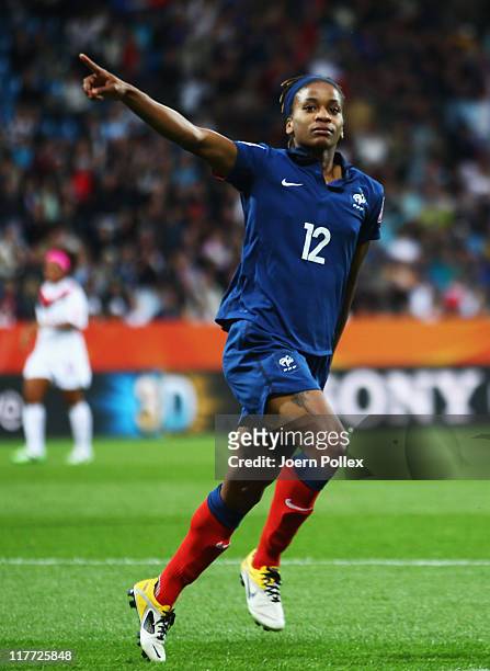 Elodie Thomis of France celebrates after scoring her team's fourth goal during the FIFA Women's World Cup 2011 Group A match between Canada and...