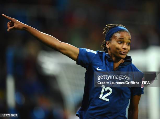 Elodie Thomis of France celebrates scoring the third goal during the FIFA Women's World Cup 2011 Group A match between Canada and France at the Fifa...