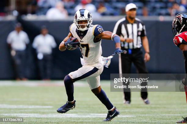 Los Angeles Rams wide receiver Robert Woods catches the ball for a gain during an NFL football game between the Los Angeles Rams and the Atlanta...