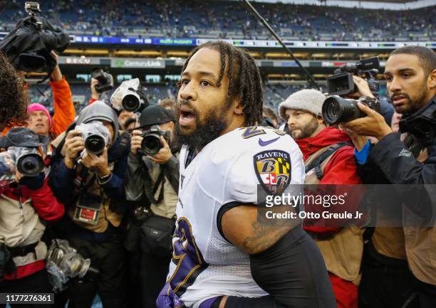 Safety Earl Thomas of the Baltimore Ravens looks on after beating the Seattle Seahawks 30-16 at CenturyLink Field on October 20, 2019 in Seattle,...