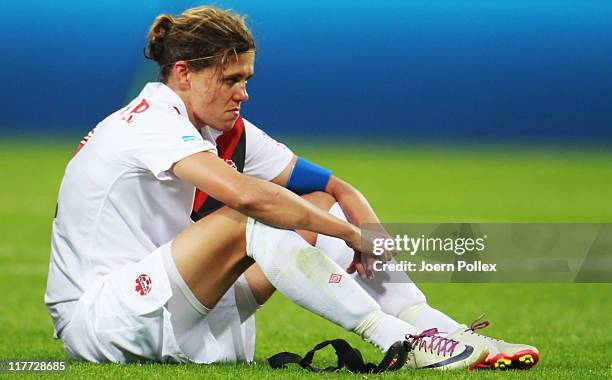 Christine Sinclair of Canada is seen after the FIFA Women's World Cup 2011 Group A match between Canada and France at Rewirpower Stadium on June 30,...
