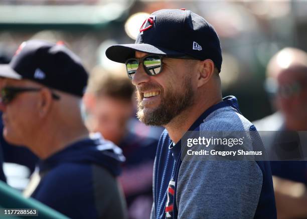 Manager Rocco Baldelli of the Minnesota Twins looks on from the dugout during the second inning while playing the Detroit Tigers at Comerica Park on...