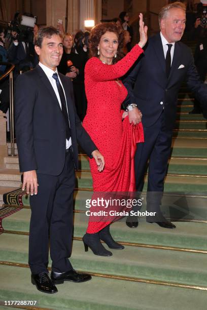 Sophia Loren and her son Carlo Ponti Jr. And Rainer Herzmann during the European Cultural Award 'Taurus' at Vienna State Opera on October 20, 2019 in...