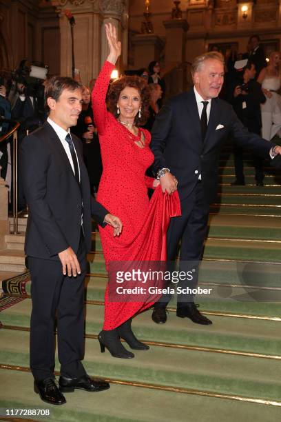 Sophia Loren and her son Carlo Ponti Jr. And Rainer Herzmann during the European Cultural Award 'Taurus' at Vienna State Opera on October 20, 2019 in...
